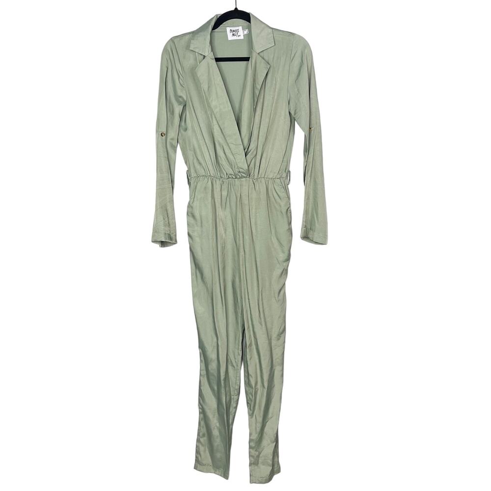 Princess Polly US 4 Light Green Long Sleeve Jumpsuit Tapered Cinch Waist VNeck